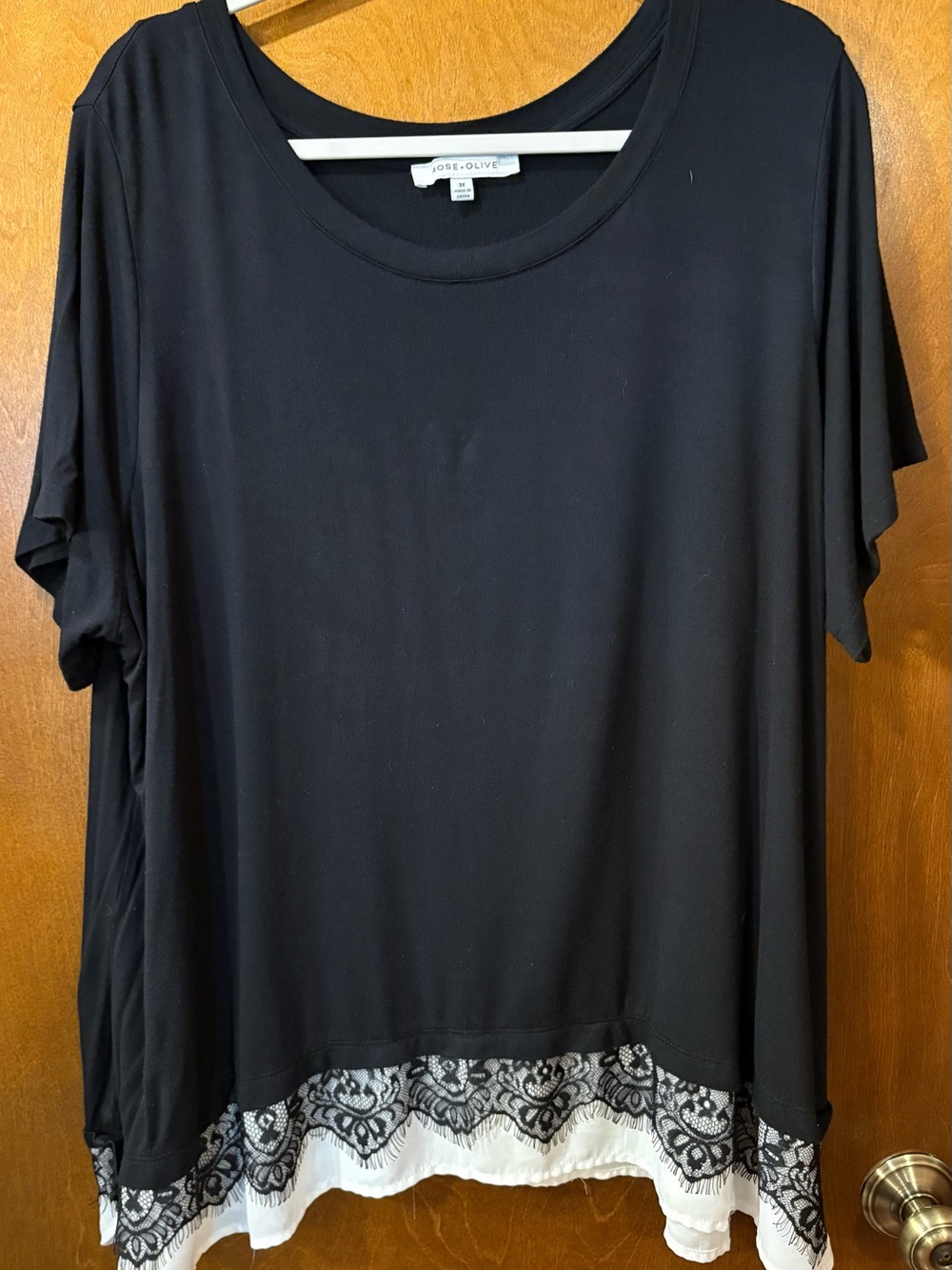 Rose & Olive Black Short-Sleeve Top with Lace Hem